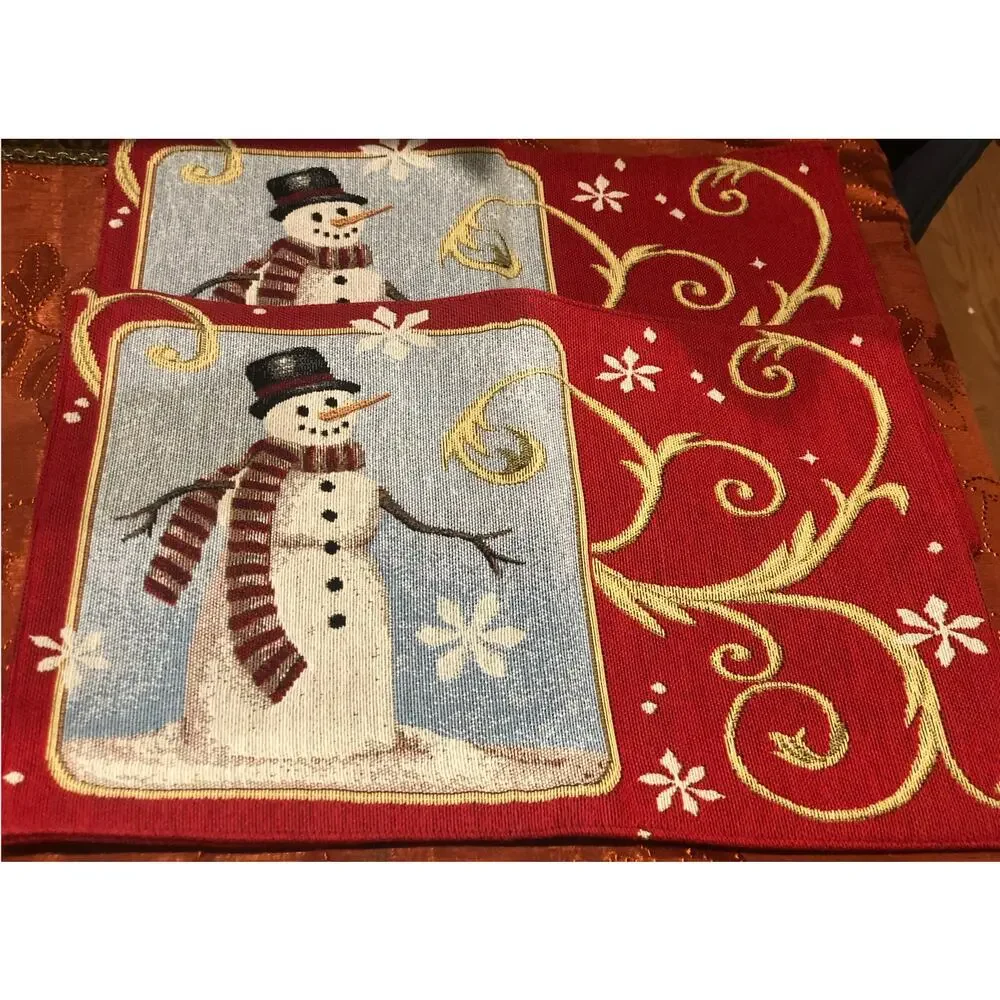 NWOT Set of 2 Reversible Tapestry Christmas Placemats Snowman Wreath Vintage